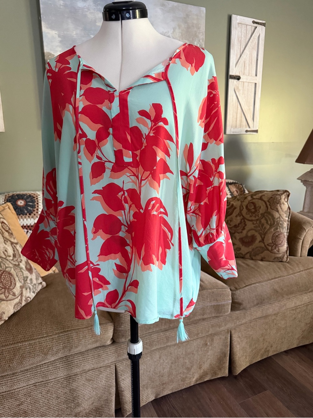 Tyler Böe 100% Silk Floral Tunic Blouse M Aqua Coral Tassel Tie Boho